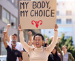 © peopleimages.com - Woman, protest and gender equality poster with feminist support for body autonomy, solidarity or politics. People, group and abortion for reproductive rights or government fight, justice or change