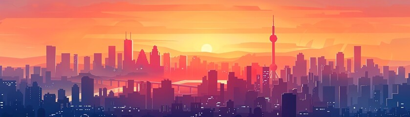 Minimalist line art illustration of a city skyline at sunset, with warm colors elegant, simple, geometric