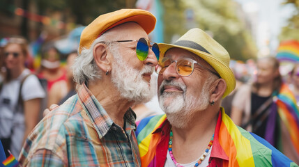 gay male couple embracing at pride month, Elderly homosexual men smiling at LGBT parade.  Freedom of love and diversity, enjoy life.