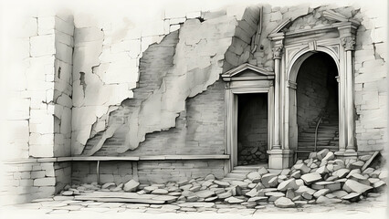 Artistic sketch of a ruined historical building with debris and broken pillars