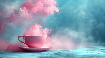 Wall Mural - Cup of coffee with pink smoke on blue background, pastel colors. 