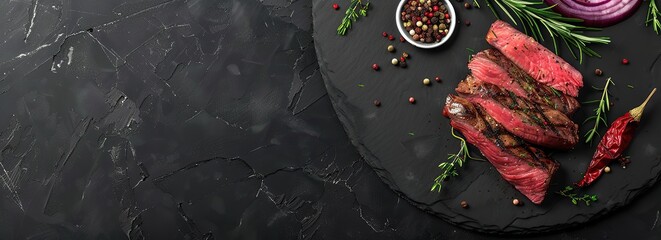 Fototapeta beef grilled meat, black stone background, spices, onion, herbs. top view banner. fresh red meat with pepper, salt for grilling on dark cutting board. prime fillet. food magazine style. chief menu bbq