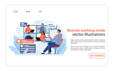 Poster - Remote Working mode. A dynamic team engages in digital collaboration across.