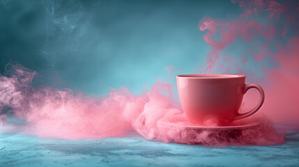 Wall Mural - Cup of coffee with pink smoke on blue background, pastel colors. 