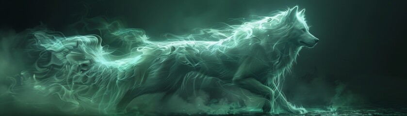 Wall Mural - A green and white wolf is running through a misty, smokey background