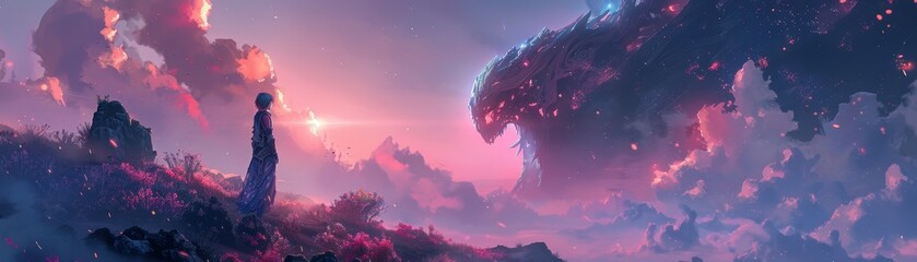 Canvas Print - a woman stands in front of a giant monster in a pink sky