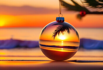 Wall Mural - A glass ball ornament hanging on a palm tree with the ocean during sunset