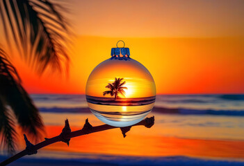 Wall Mural - A glass ball ornament hanging on a palm tree in the sunset time with the ocean
