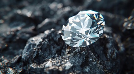 A beautiful diamond shines brightly against a dark background of coal.