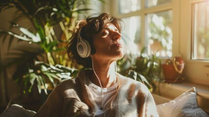 Wall Mural - A woman in a cozy room, wearing headphones, looking up with a serene expression, surrounded by plants and natural light.