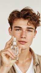 Young man with curly hair holding a small bottle of liquid possibly a fragrance or essential oil against a neutral background.