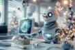 Futuristic scene with robot snowman with LED eyes on table in futuristic office decorated for Christmas, idea for New Year card