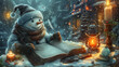 A snowman writes wishes for a Merry Christmas in a book with a quill pen, there are candles on the table, a lot of snowflakes are spinning around the snowman, an idea for a card in retro style