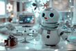 Futuristic office, decorated for New Year and Christmas, table. decorated with a robot snowman with LED eyes, idea for a New Year's card