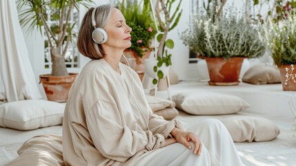 Wall Mural - Woman in white meditating with closed eyes wearing headphones surrounded by potted plants in a serene indoor setting.