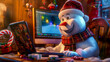Snowman working on laptops, desktop with festive Christmas symbols, creates a fun digital workspace, idea for a Merry Christmas card