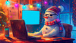 Idea for New Year's card, watercolor illustration of snowman programmer in office working at laptop, against the backdrop of twinkling garlands and board with empty space for Merry Christmas greetings