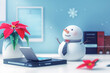 Minimalist card design with a snowman with a tie and a smartphone with a laptop on the table and a small poinsettia in a pot, an idea for New Year's greetings