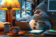 Happy snowman in a cozy scarf and hat reading Merry Christmas greetings on a tablet, idea for a New Year card or winter holidays greetings