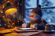New Year card, 3D drawing of a snowman writing Merry Christmas greetings on a tablet with a stylus, next to a steaming mug of cocoa and marmalade