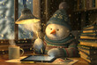 A snowman in a knitted sweater and hat writing a message on a tablet, next to a steaming mug of cocoa, an idea for a New Year's card