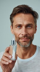 Sticker - Man holding a clear bottle of liquid with a dropper smiling with short gray hair and a beard wearing a white shirt.