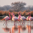 nature scenery or natural painting by greater flamingo flock or flamingos family during winter migra,generate ai