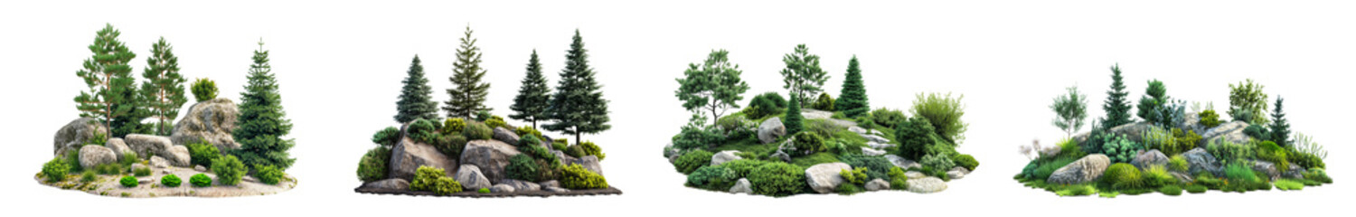 Wall Mural - collection of landscape design garden with rocks, coniferous tree and plants isolated on transparent