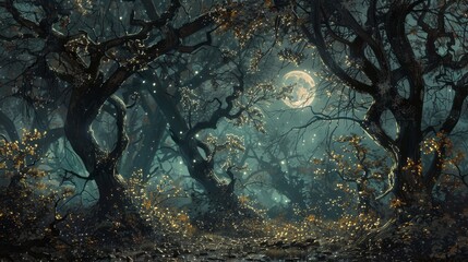 Wall Mural - Moonlit forest enchantment gnarled trees velvety darkness backdrop