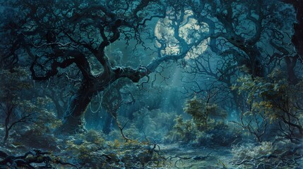 Wall Mural - Moonlit forest enchantment gnarled trees full moon backdrop