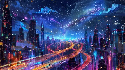 Poster - Futuristic cityscape at night with neon glow and skyscrapers backdrop