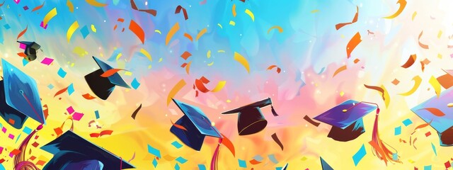 A graduation cap is flying through the air with confetti falling around it