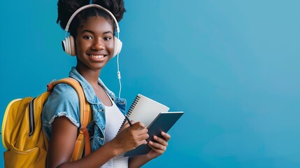 Poster - Online education Smiling black female student with backpack and headphones holding notebooks and digital tablet on blue studio background Elearning studying remotely concept : Generative AI