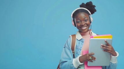 Poster - Online education Smiling black female student with backpack and headphones holding notebooks and digital tablet on blue studio background Elearning studying remotely concept : Generative AI