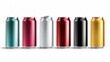 © Khalida - Realistic metal cans. Aluminum and lemonade beverage can of different colors. Vector illustration black silver white mock up cans set on white background for packaging energy drink