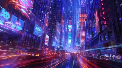 Poster - Neon-lit cityscape with towering skyscrapers and luminescent traffic backdrop