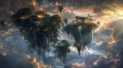 Wall Mural - Surreal dreamscape of floating islands with lush forests and waterfalls backdrop