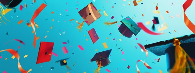 Wall Mural - A graduation cap is flying through the air with confetti falling around it