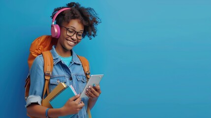 Poster - Online education Smiling black female student with backpack and headphones holding notebooks and digital tablet on blue studio background Elearning studying remotely concept : Generative AI