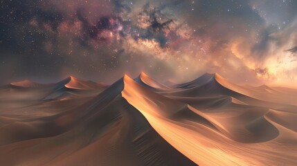 Surreal desert landscape with towering sand dunes and mist backdrop
