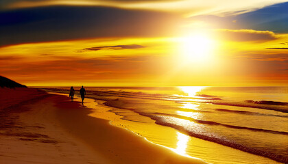 Wall Mural - A romantic sunset scene on a beach and a couple walking along the shore, their silhouettes highlighted