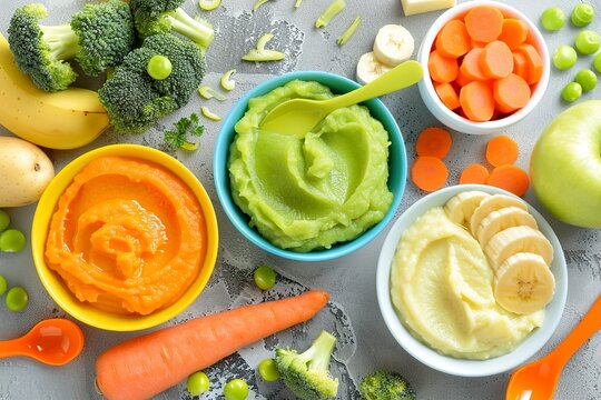 Infant food consisting of bowls filled with pureed