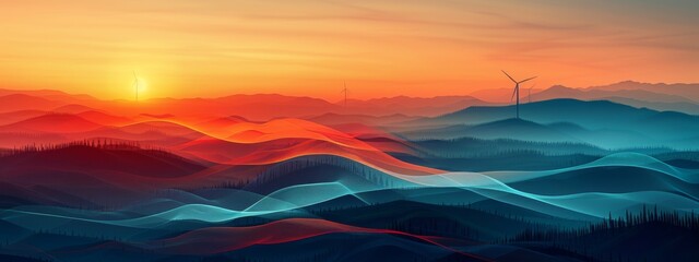 Wall Mural - A beautiful sunset over a mountain range with a windmill in the distance