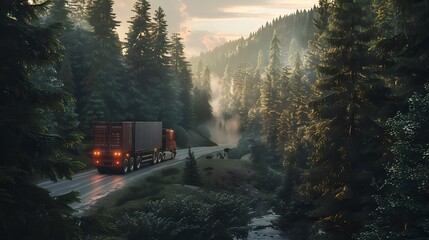 Wall Mural - A formidable freight transporter truck navigating through a dense forest, its cargo trailer transporting goods to meet the needs of markets far and wide