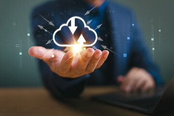 Poster - cloud storage network backup platform for business concept. businessman use laptop with cloud comput