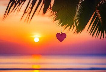 Wall Mural - A heart-shaped ornament hanging from a palm tree branch with a beautiful sunset in the background