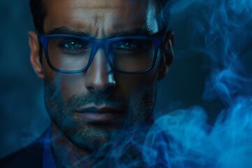 Mysterious Man with Blue Glasses Shrouded in Smoke on Dark Background