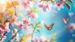 butterflies on cherry blossoming in spring