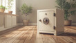 © Na-No Photos - A closed metal safe with a combination lock sits on a wooden floor in a well-lit room with potted plants, suggesting home security and privacy.