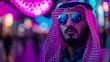 A young man of Arab appearance in a futuristic city bathed in purple tones in a technological atmosphere. Beautiful man under neon lights and holograms of a futuristic city